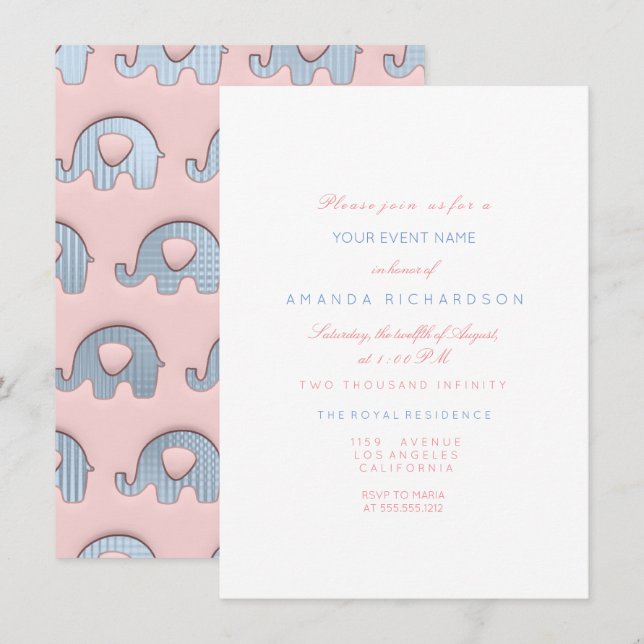 Invitación Elefantes Pastel rosa Azul Baby Shower Blanco (Anverso / Reverso)