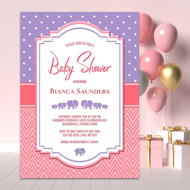 Invitación Elefantes púrpura y Baby Shower de Punto de Polka (Subido por el creador)