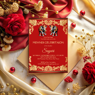 Invitación Elefantes rojos y dorados mehndi de boda india