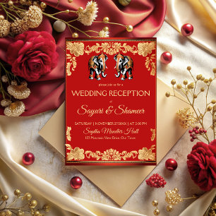 Invitación Elefantes rojos y dorados recepción de boda india