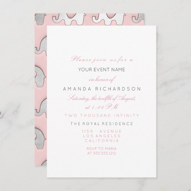 Invitación Elefantes Rosa Gris Cumpleaños Baby Shower Blanco (Anverso / Reverso)