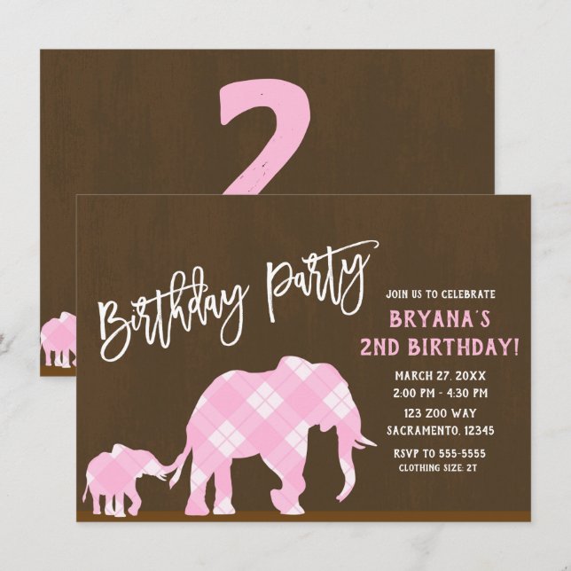Invitación Elefantes rosados Brown Fiesta de cumpleaños moder (Anverso / Reverso)