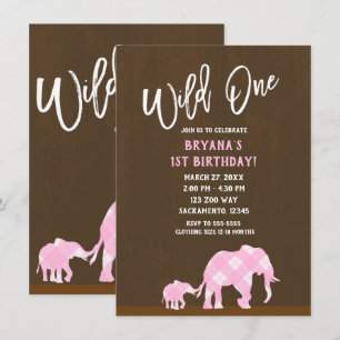 Invitación Elefantes rosados marrón moderno WILD ONE Cumpleañ