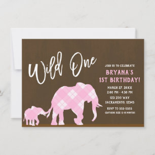 Invitación Elefantes rosados marrón modernos WILD ONE Cumplea