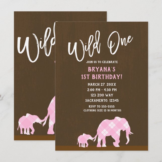 Invitación Elefantes Rosas Marrón Moderno WILD ONE Cumpleaños (Anverso / Reverso)