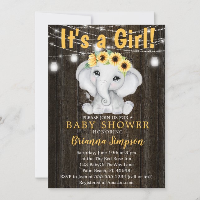 Invitación Elefantes Rusos Sunflowers Chica Baby Shower (Anverso)