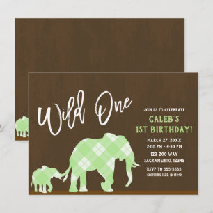 Invitación Elefantes Verdes Marrón Moderno SALVAJE UNO Cumple
