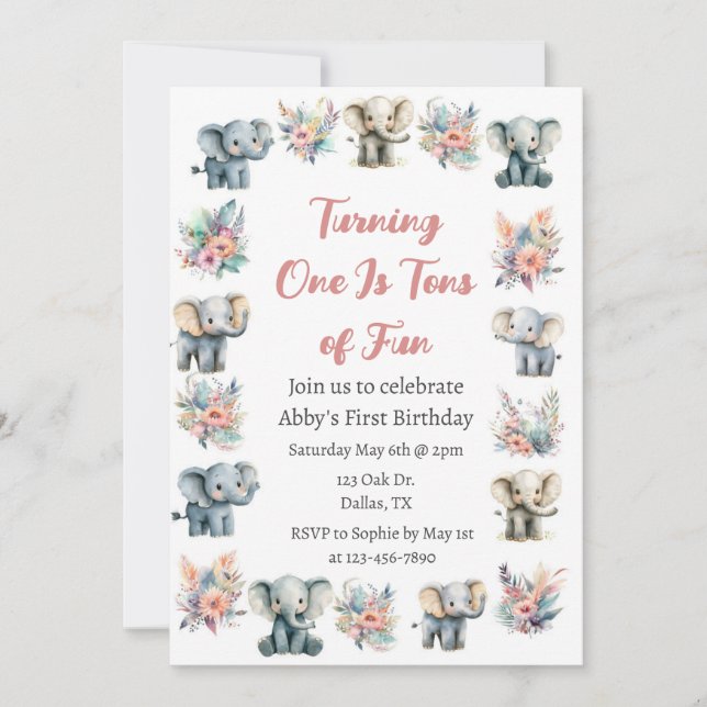 Invitación Elefantes y flores de la selva boho cumpleaños (Anverso)