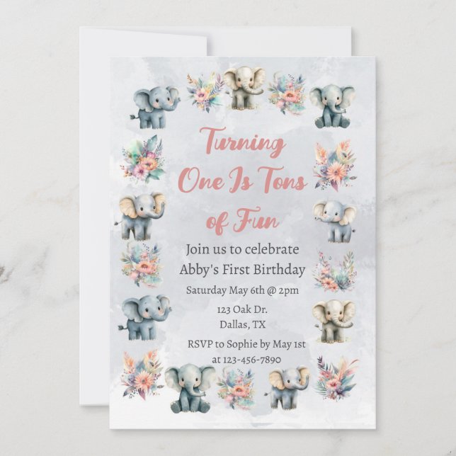 Invitación Elefantes y flores de la selva boho en cumpleaños  (Anverso)