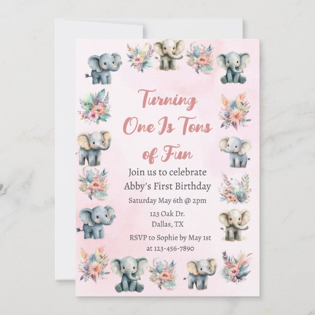 Invitación Elefantes y flores de la selva boho en cumpleaños  (Anverso)