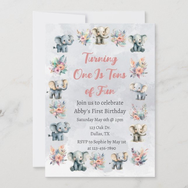 Invitación Elefantes y flores de la selva boho en cumpleaños  (Anverso)