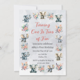 Invitación Elefantes y flores de la selva boho en cumpleaños 
