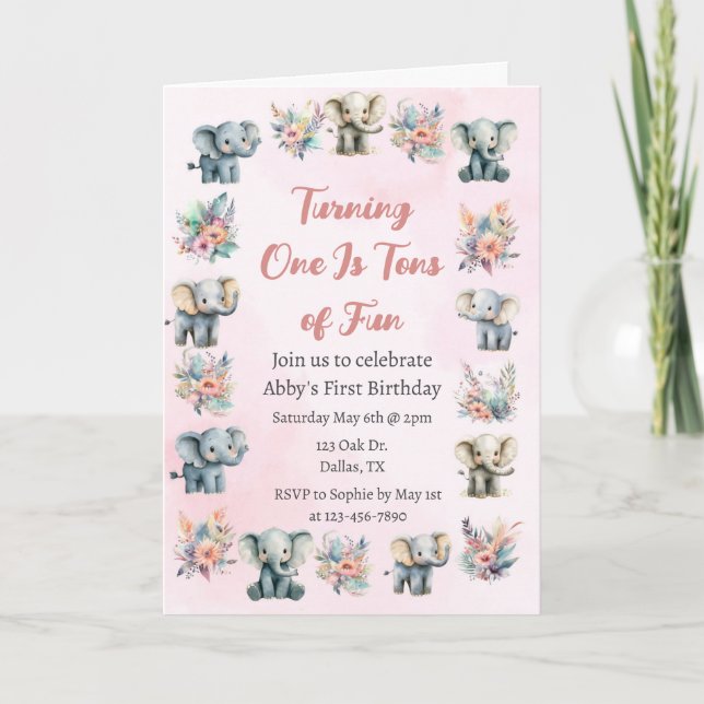 Invitación Elefantes y flores de la selva boho en cumpleaños  (Anverso)