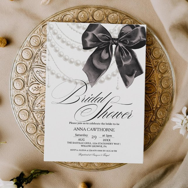 Invitación  Elegance Black Bow Pearls Bridal Shower Acrylic (Subido por el creador)