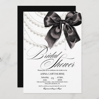 Invitación  Elegance Black Bow Pearls Bridal Shower Acrylic