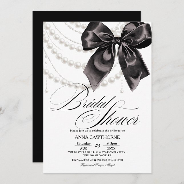 Invitación  Elegance Black Bow Pearls Bridal Shower Acrylic (Anverso / Reverso)