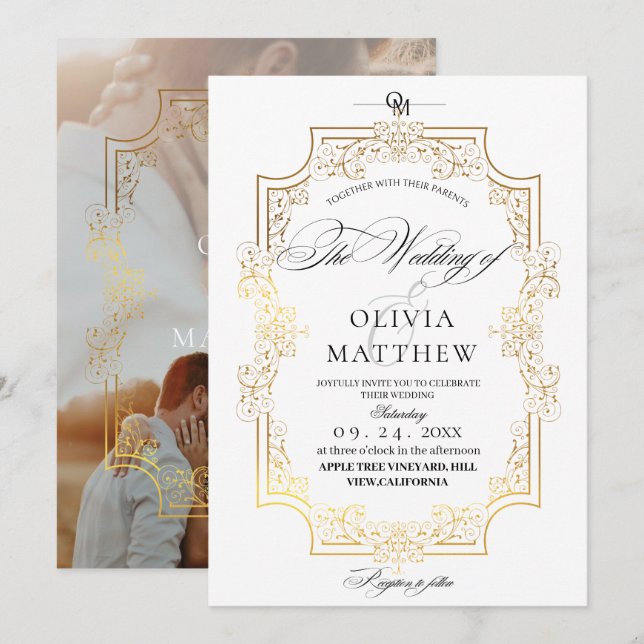 Invitación Elegance Boda de fotografías de oro y blanco (Anverso / Reverso)
