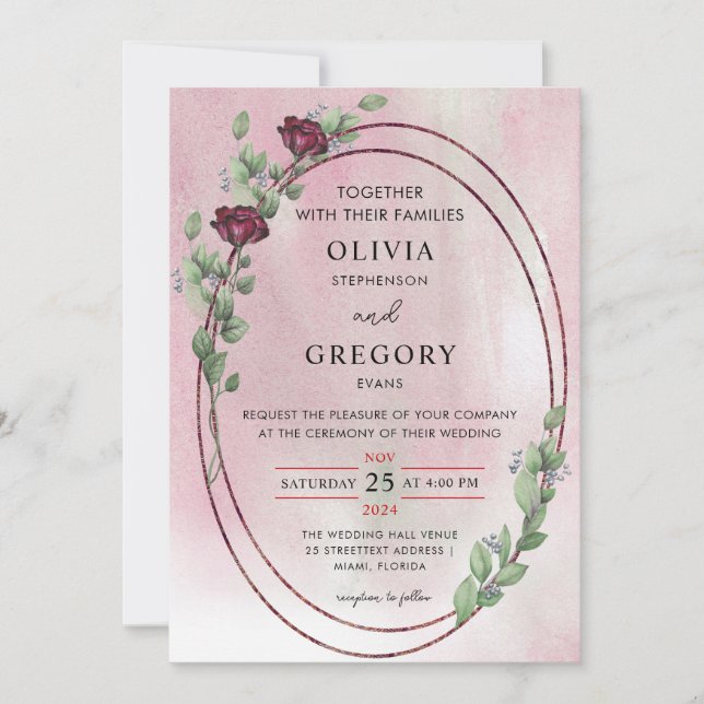 Invitación Elegance Pastel Rústico Rosa y Boda de Eucalipto (Anverso)