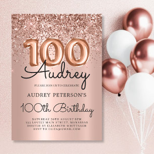 Invitación Elegance Rosa Purpurina Oro Balón 100 cumpleaños