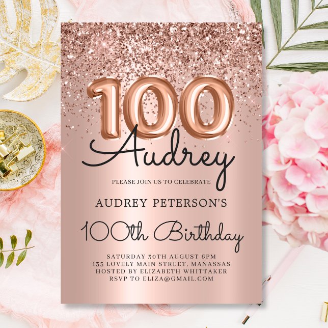 Invitación Elegance Rosa Purpurina Oro Balón 100 cumpleaños (Subido por el creador)