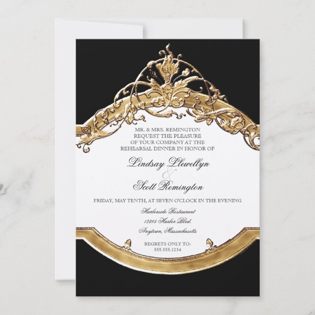 Invitación Elegancia 2, cena de oro del lazo negro del ensayo (Anverso)