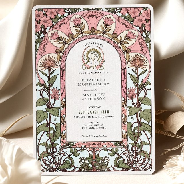 Invitación Elegancia Art Nouveau suave rosa y pastoral Boda (Subido por el creador)