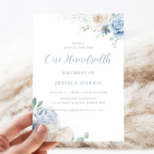 Invitación Elegancia azul claro y blanca 100 cumpleaños