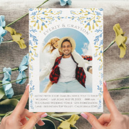 Invitación Elegancia azul y amarilla Foto Arco Boho Flor silv