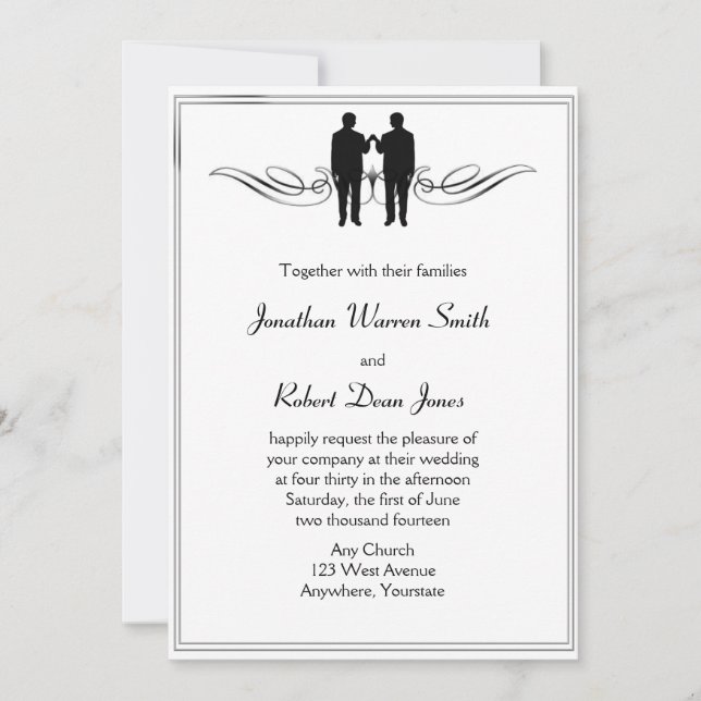 Invitación Elegancia blanca negra en la boda gay Groom Invita (Anverso)