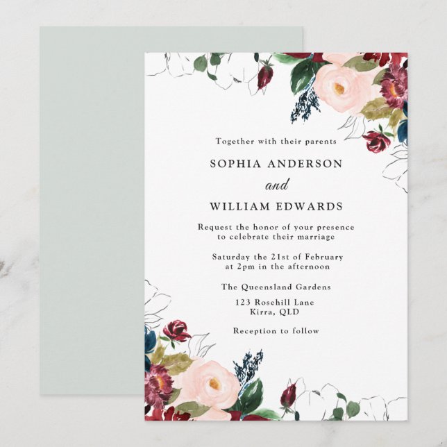 Invitación Elegancia boda: Boda de la Marina de Borgoña de Ru (Anverso / Reverso)