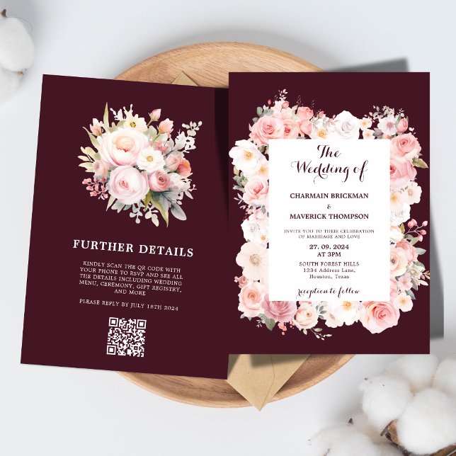 Invitación Elegancia Borgoña Floral Rosa Qr Boda de código (Subido por el creador)