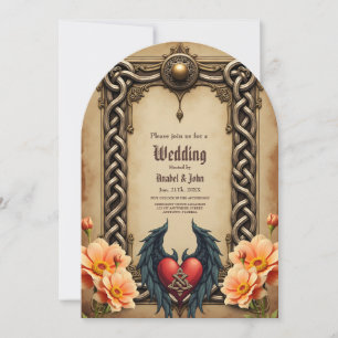 Invitación Elegancia celta con corazón y alas.