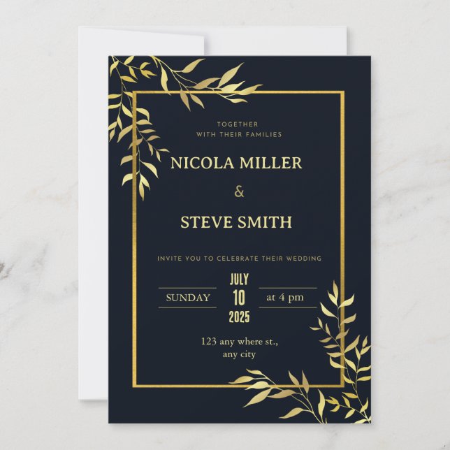 Invitación Elegancia clásica: Boda azul marino y oro (Anverso)