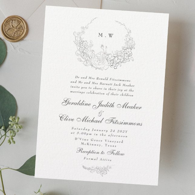Invitación Elegancia clásica | Boda de monograma de flor suti (sample showing - Paper finish:
Soft white finish with a subtle ribbed texture)