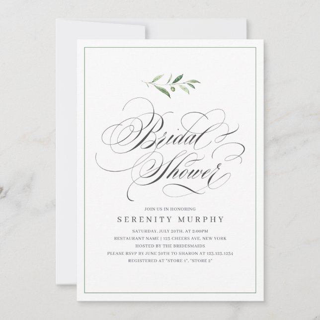 Invitación Elegancia clásica guión verde ducha de novia (Anverso)