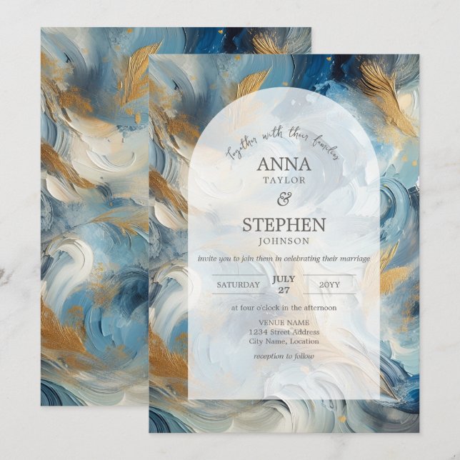 Invitación Elegancia contemporánea: Boda de oro blanco azul (Anverso / Reverso)
