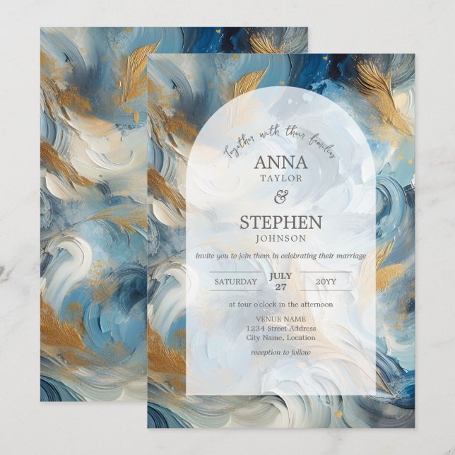 Invitación Elegancia contemporánea: Boda de oro blanco azul (Anverso / Reverso)