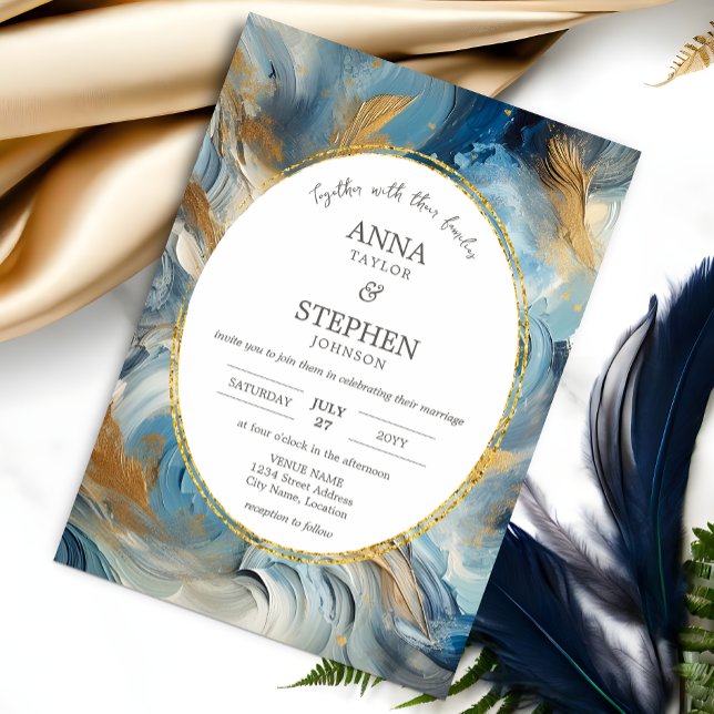 Invitación Elegancia contemporánea: Boda de oro blanco azul (Contemporary elegance in colors of blue, white, and gold wedding invitation design front view.)