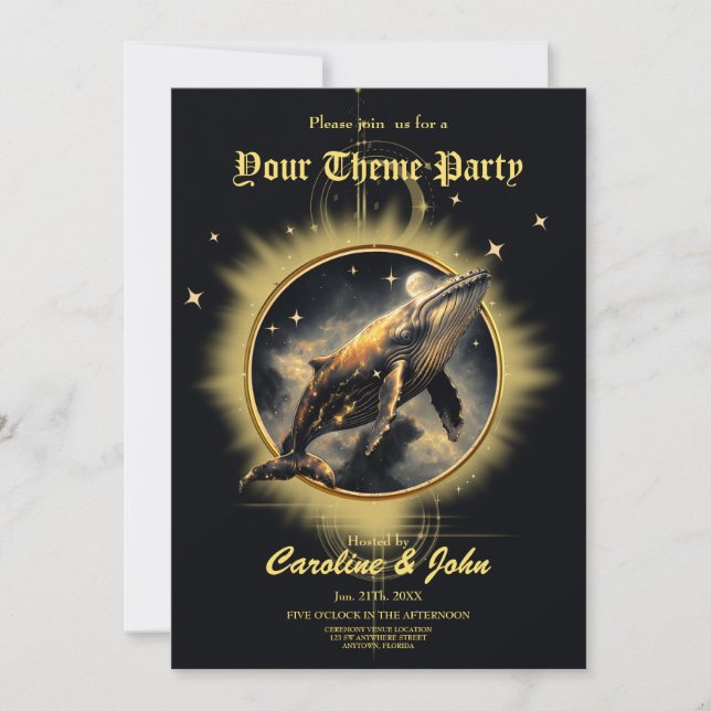 Invitación Elegancia cósmica, la ballena dorada y negra (Anverso)