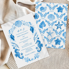 Invitación Elegancia Costera Azul Acuarela de Boda en la Cost