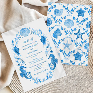 Invitación Elegancia Costera Azul Acuarela de Boda en la Cost