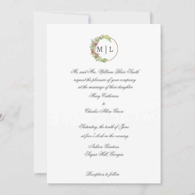 Invitación Elegancia cursiva con un monograma floral (Anverso)