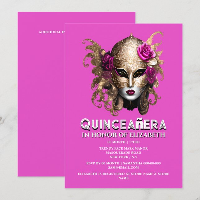 Invitación Elegancia de cumpleaños de quinceanera de oro rosa (Anverso / Reverso)