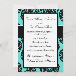 Invitación elegancia de damasco negro sobre el diseño azul de