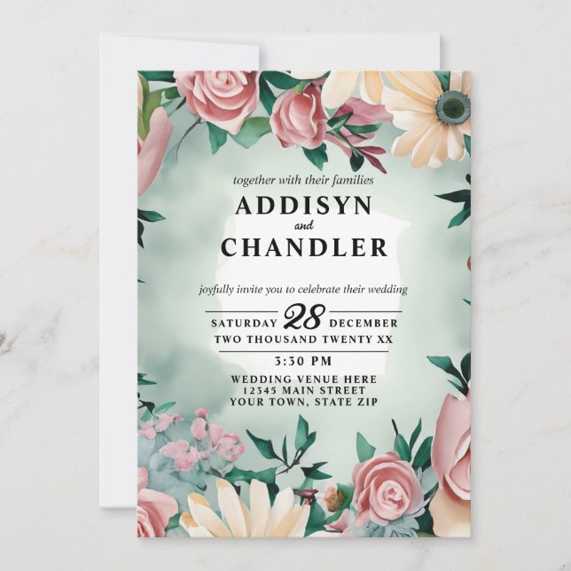Invitación Elegancia de flor pastel: Boda floral verde sabio (Anverso)