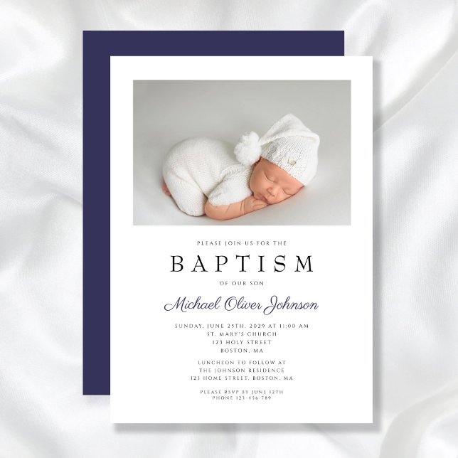 Invitación Elegancia de foto de Navy Blue Baptism (Navy Blue Elegant Photo Boy Baptism Invitation)