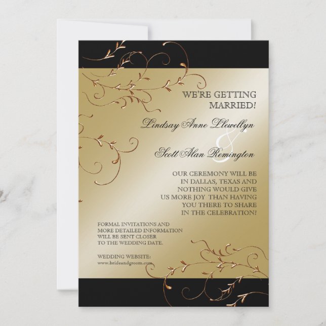 Invitación Elegancia de nata negra, Golden Save the Date invi (Anverso)
