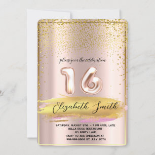Invitación Elegancia de oro, dulce de oro rosa dieciséis