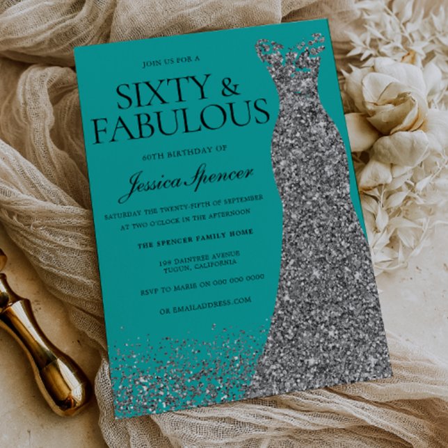 Invitación Elegancia de vestido plateado 60 y fabuloso. 60 cu (Subido por el creador)