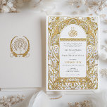 Invitación Elegancia dorada Boda musulmana Art Nouveau<br><div class="desc">Esta exquisita tarjeta de invitación a una boda islámica exuberante desprende elegancia con un diseño inspirado en el Art Nouveau, con una combinación de colores en blanco y oro falso que añade un toque de lujo y sofisticación. El frente de la invitación muestra un intrincado patrón de torbellinos dorados y...</div>
